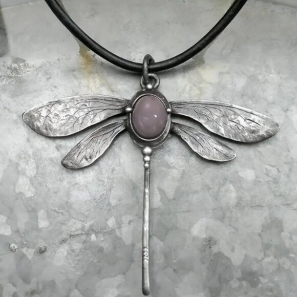 Silver Dragonfly Shape Inlaid Gemstone Fashion Pendant Necklace Boho - Picture 1 of 10